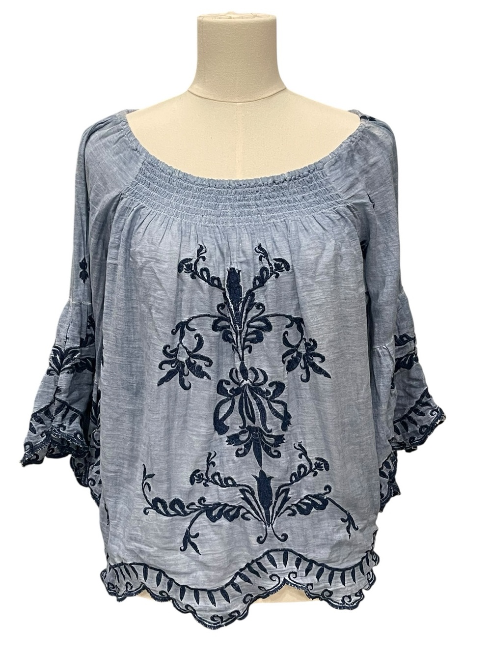 Ruby Yaya Embroidered Smocked Neck Blue Boho Women's Top M